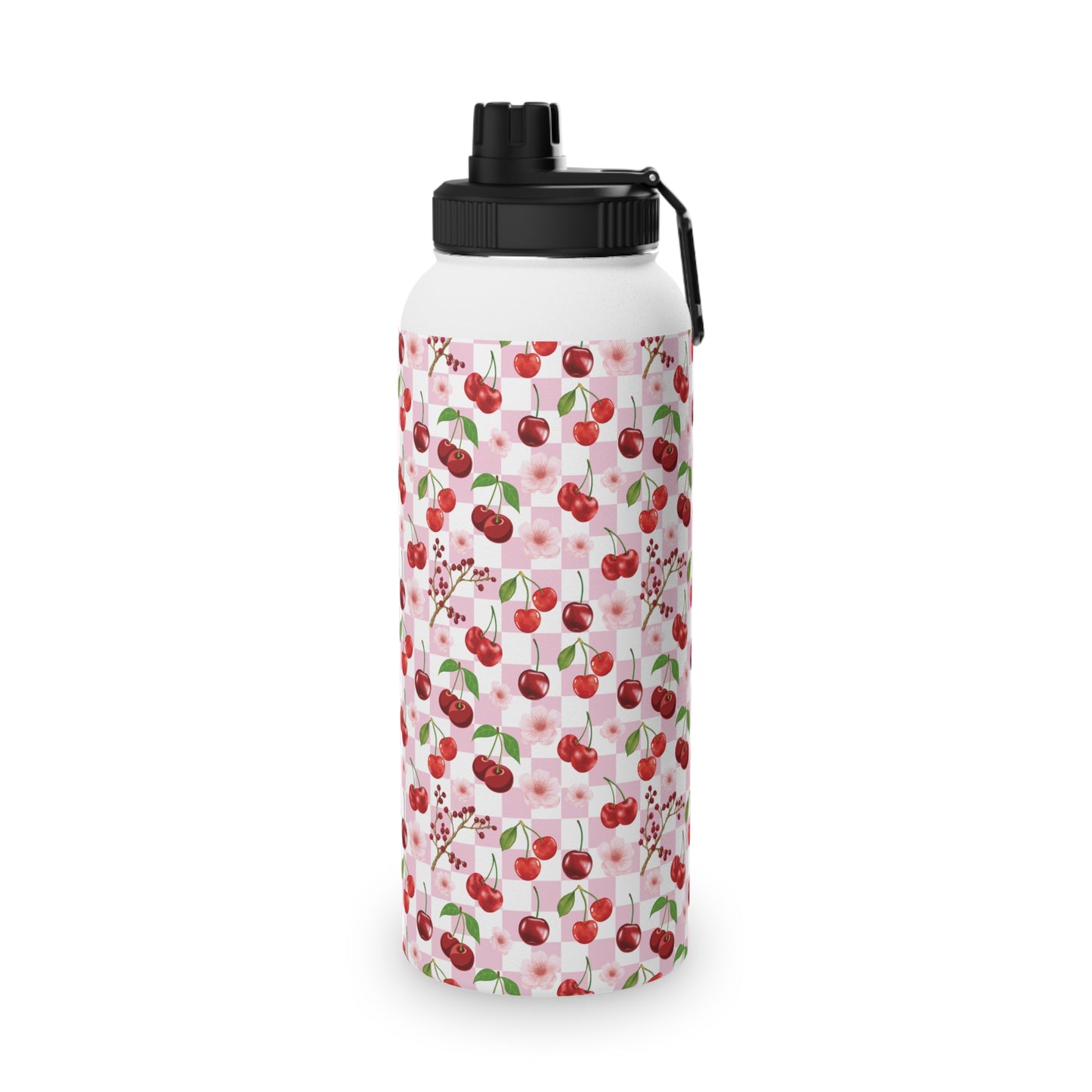 Cherry Checkerboard Stainless Steel Water Bottle with Sports Lid Red Cherries Water Container for Women Pink and White Coquette Gym Bottle for Girls
