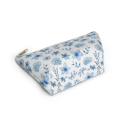 Snowy Blue Flowers Accessory Pouch with T-bottom Pretty Blue and White Flower Pouch for Makeup Small Bag for School Supplies Floral Winter Zipper Pouch