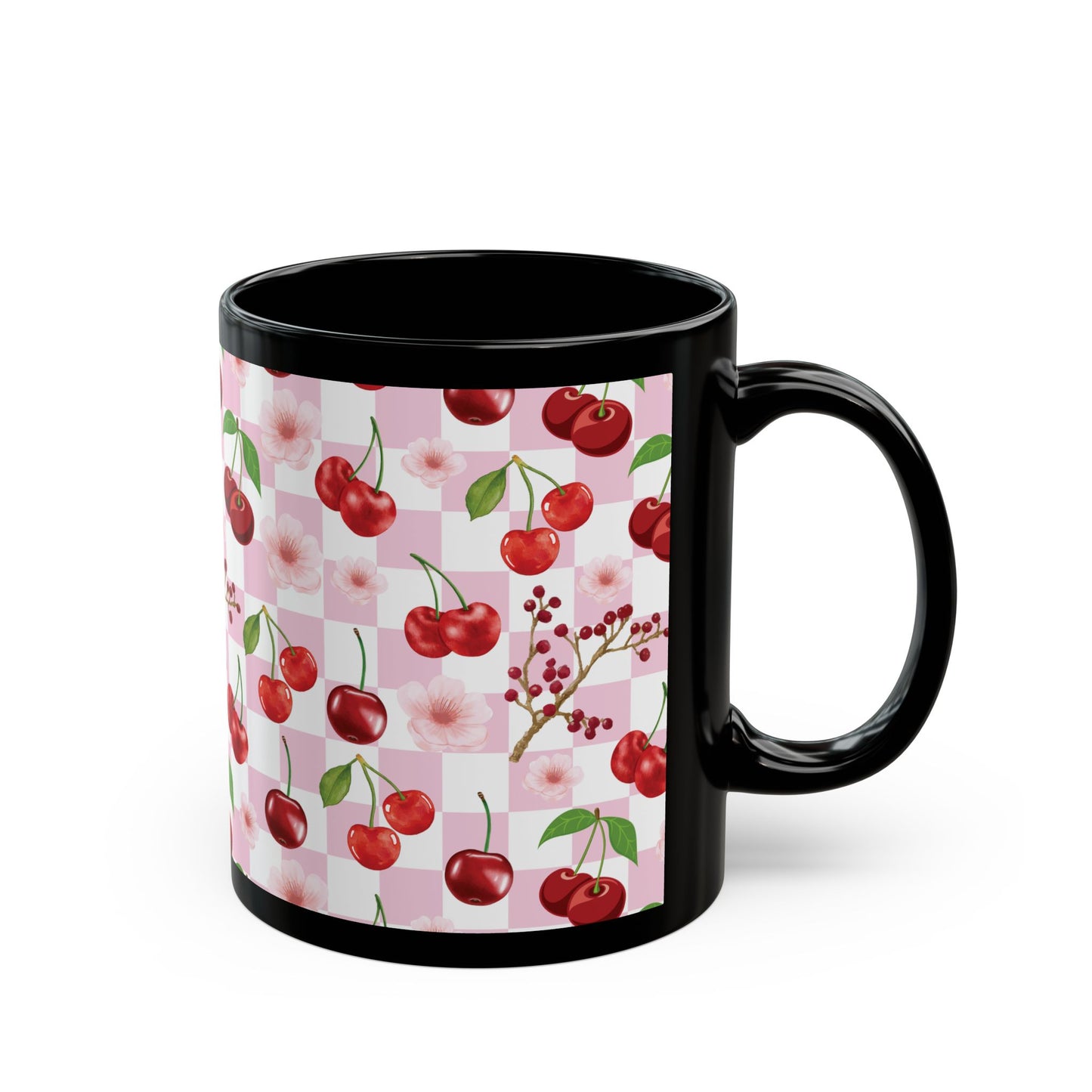 Cherry Checkerboard Black Mug Cool Summer Coffee Mug Tea Cup Spring Ceramic Mug