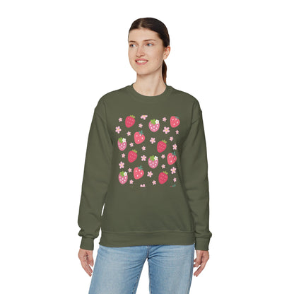 Strawberries and Daisies Crewneck Sweatshirt Cute Casual Strawberry Sweater Pink and Red Fruit Floral Daisy - Sweatshirt - Printify - Kristine Celestine