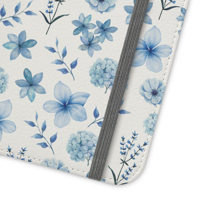 Snowy Blue Flowers Flip Phone Case Cover with Pockets - Phone Case - Kristine Celestine