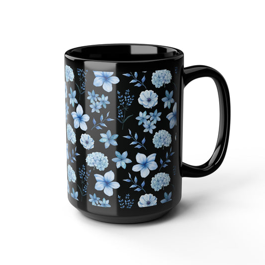 Snowy Blue Flowers Black Mug Cool Summer Coffee Mug Tea Cup Spring Ceramic Mug