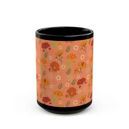 Coral Peach Meadow Black Mug Cool Summer Flower Coffee Mug Floral Tea Cup Spring Ceramic Mug