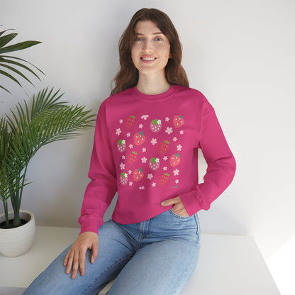 Strawberries and Daisies Crewneck Sweatshirt Cute Casual Strawberry Sweater Pink and Red Fruit Floral Daisy - Sweatshirt - Printify - Kristine Celestine