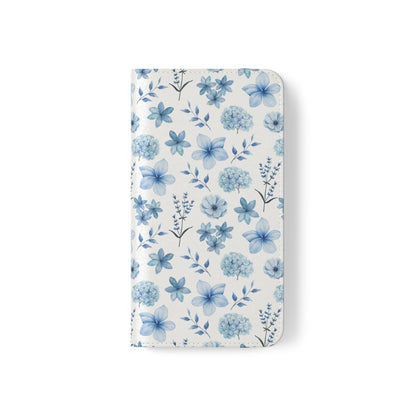 Snowy Blue Flowers Flip Phone Case Cover with Pockets - Phone Case - Kristine Celestine