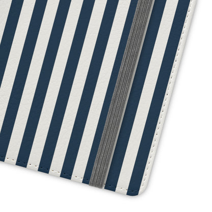 Navy Blue Stripes Flip Phone Case Cover with Pockets