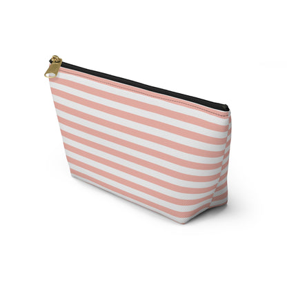 Pretty Coral Pink Stripes Accessory Pouch with T-bottom Classic Pink and White Pouch for Makeup Small Bag for School Supplies Striped Zipper Pouch