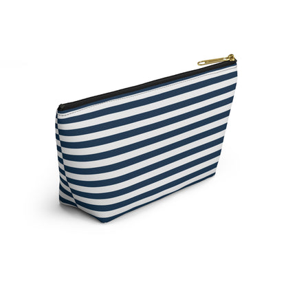 Royal Navy Blue Stripes Accessory Pouch with T-bottom Classic Dark Blue and White Pouch for Makeup Small Bag for School Supplies Striped Zipper Pouch