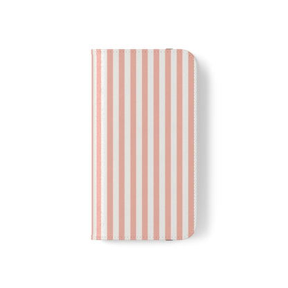 Coral Pink Stripes Flip Phone Case Cover with Pockets