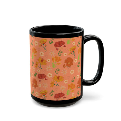 Coral Peach Meadow Black Mug Cool Summer Flower Coffee Mug Floral Tea Cup Spring Ceramic Mug