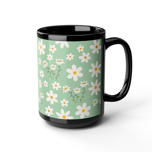 Mint Daisy Delight Black Mug Cool Summer Coffee Mug Tea Cup Spring Ceramic Mug