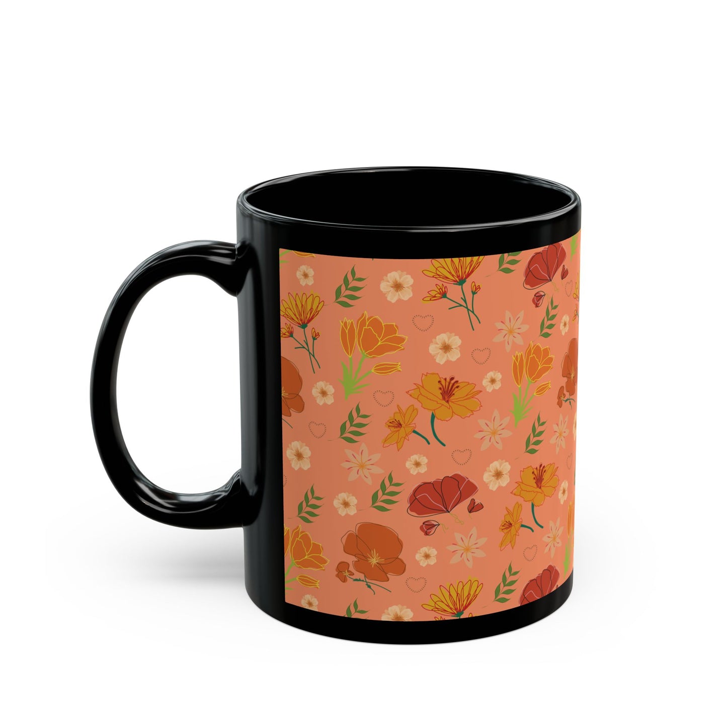 Coral Peach Meadow Black Mug Cool Summer Flower Coffee Mug Floral Tea Cup Spring Ceramic Mug