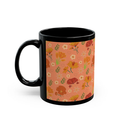 Coral Peach Meadow Black Mug Cool Summer Flower Coffee Mug Floral Tea Cup Spring Ceramic Mug