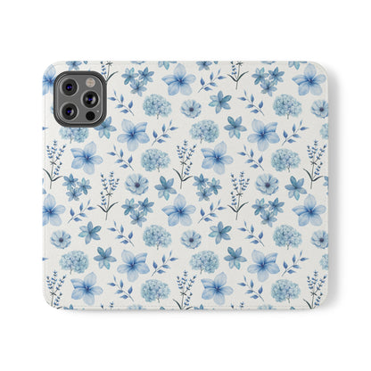 Snowy Blue Flowers Flip Phone Case Cover with Pockets - Phone Case - Kristine Celestine