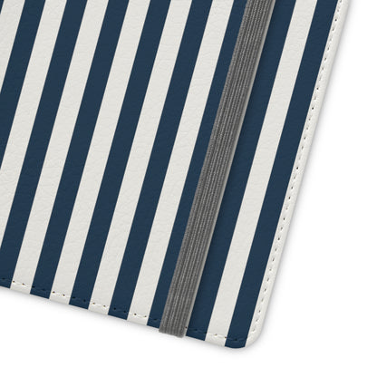 Navy Blue Stripes Flip Phone Case Cover with Pockets