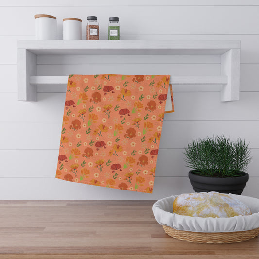 Coral Peach Meadow Kitchen Towel Orange Cotton Tea Towel Floral Spring Hand Towel Summer Flower Towel