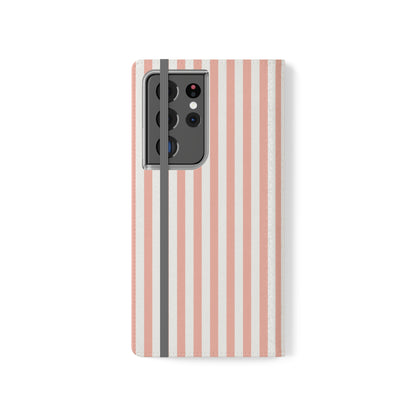 Coral Pink Stripes Flip Phone Case Cover with Pockets