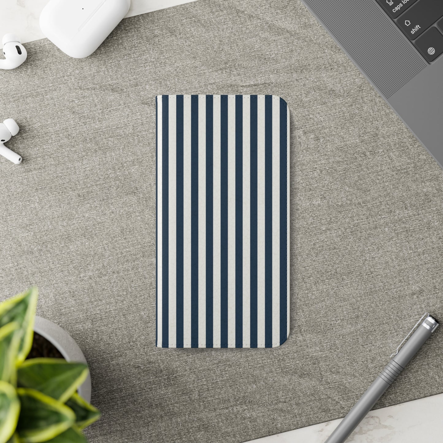 Navy Blue Stripes Flip Phone Case Cover with Pockets