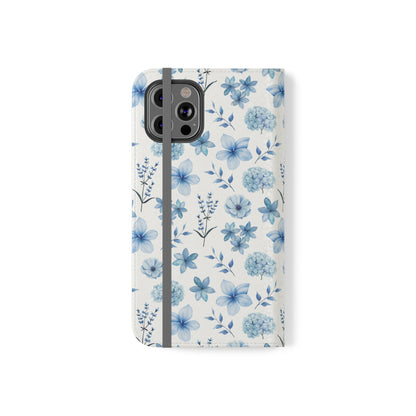 Snowy Blue Flowers Flip Phone Case Cover with Pockets - Phone Case - Kristine Celestine