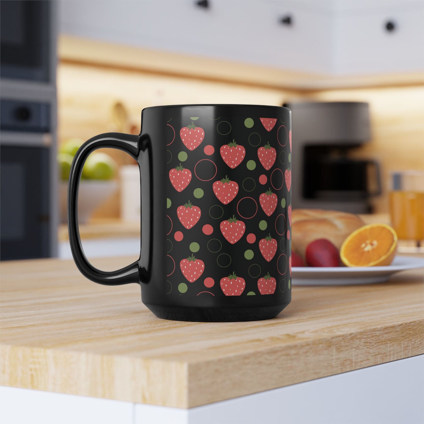 Red Strawberry Bubbles Black Mug Cool Summer Coffee Mug Tea Cup Spring Ceramic Mug