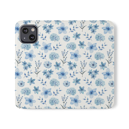 Snowy Blue Flowers Flip Phone Case Cover with Pockets - Phone Case - Kristine Celestine