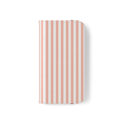 Coral Pink Stripes Flip Phone Case Cover with Pockets