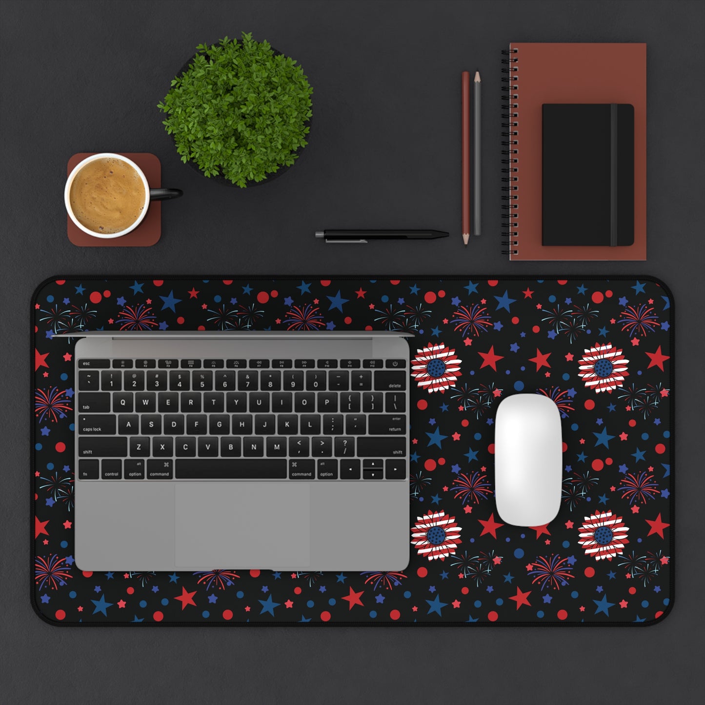 Starry Night America Desk Mat 4th of July Daisy Computer Mat Red White and Blue USA Office Mat