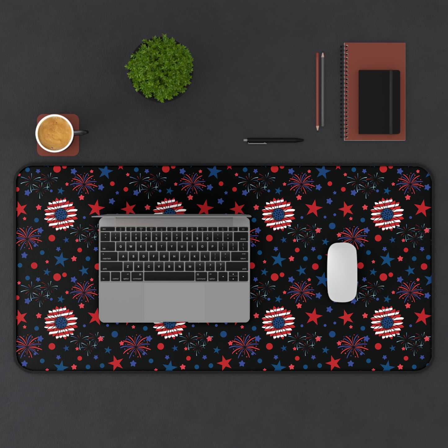 Starry Night America Desk Mat 4th of July Daisy Computer Mat Red White and Blue USA Office Mat