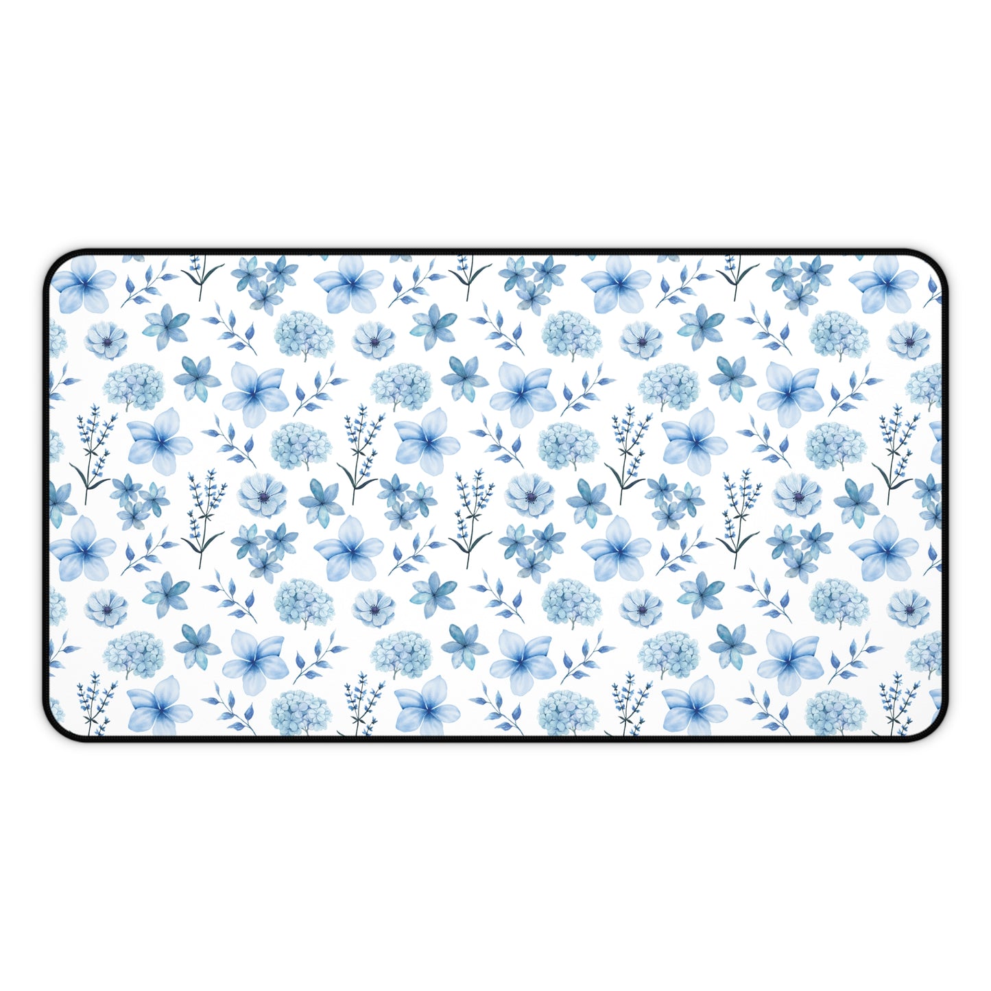 Snowy Blue Flowers Desk Mat Floral Winter Blue Computer Mat Watercolor Flowers Office Mat