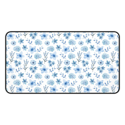 Snowy Blue Flowers Desk Mat Floral Winter Blue Computer Mat Watercolor Flowers Office Mat