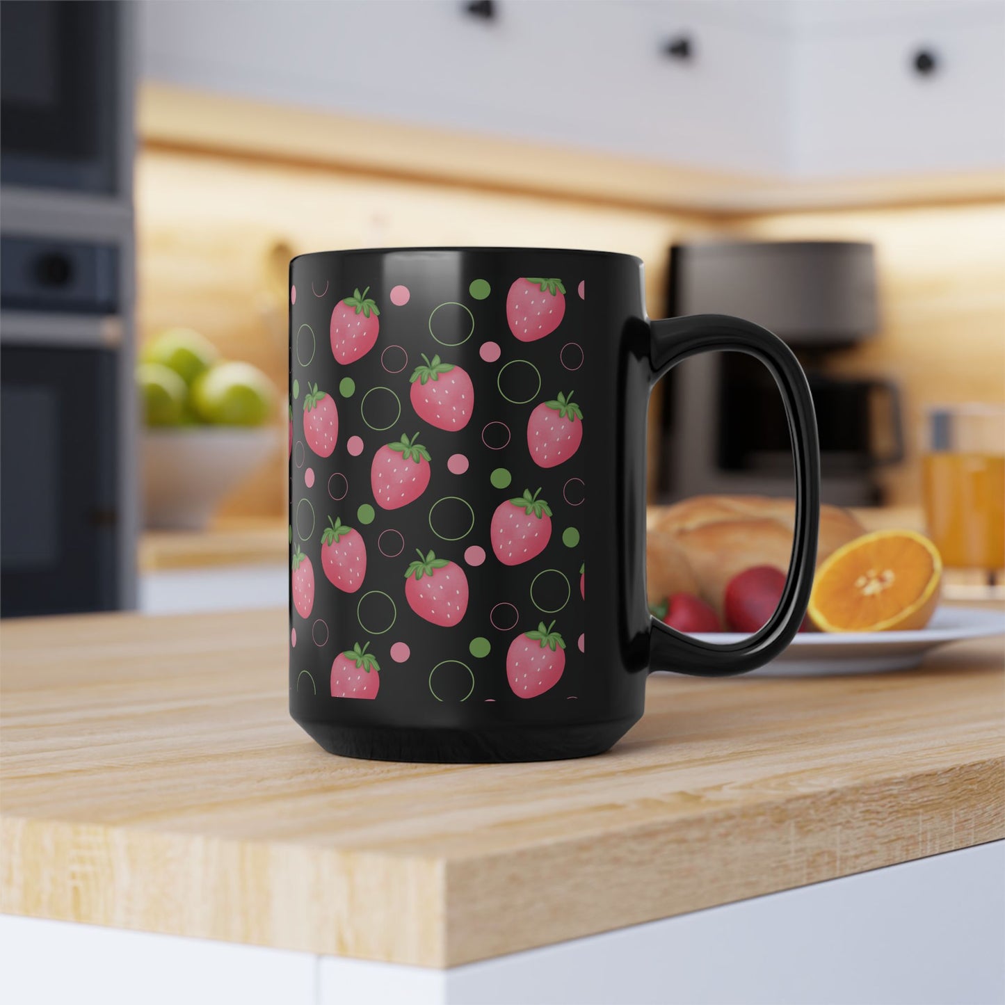 Pink Strawberry Black Mug Cool Summer Coffee Mug Tea Cup Spring Ceramic Mug