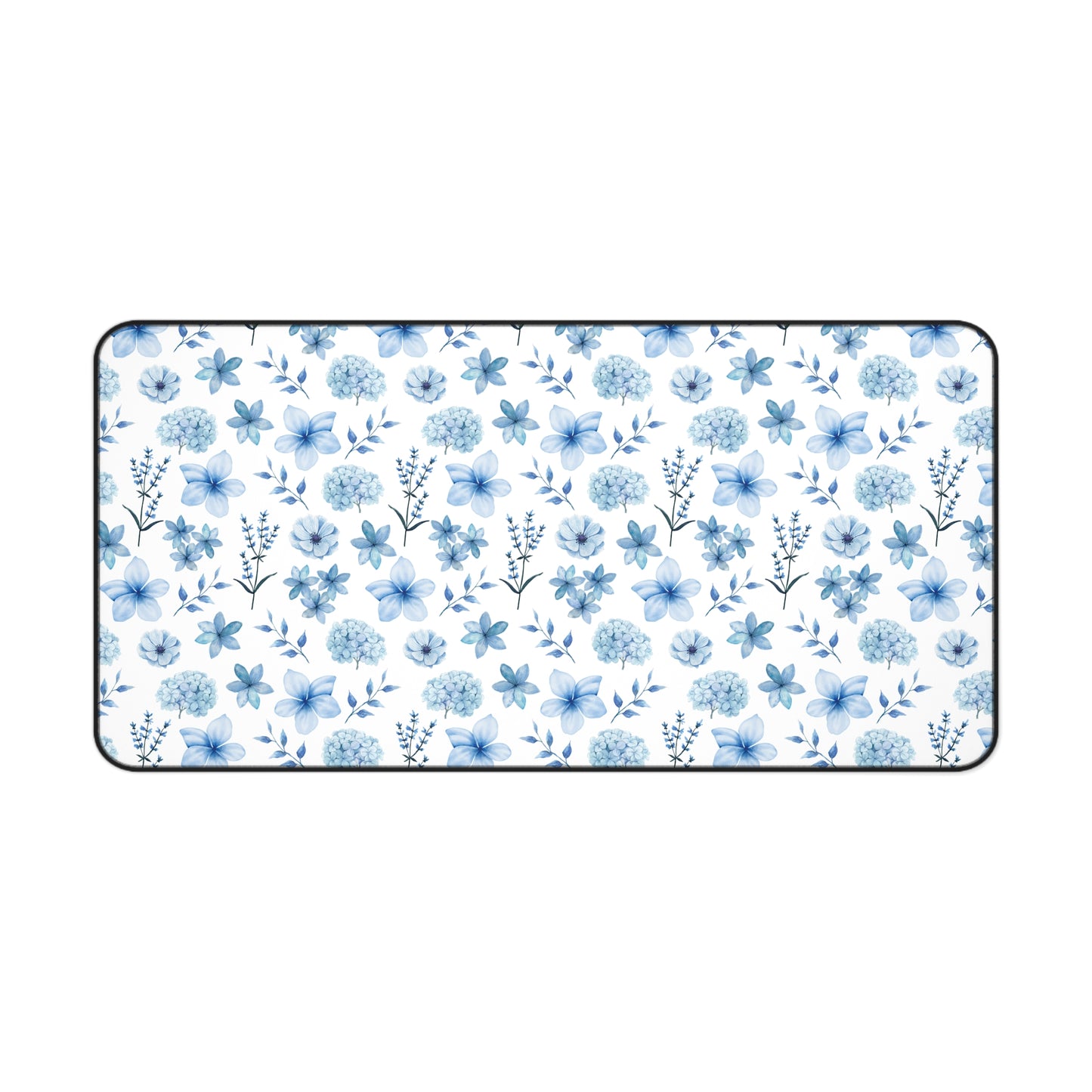 Snowy Blue Flowers Desk Mat Floral Winter Blue Computer Mat Watercolor Flowers Office Mat