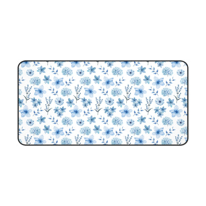 Snowy Blue Flowers Desk Mat Floral Winter Blue Computer Mat Watercolor Flowers Office Mat