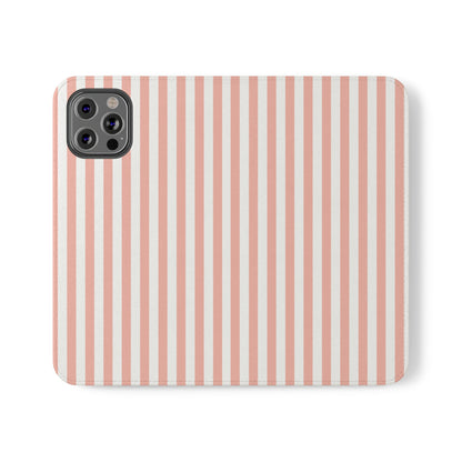 Coral Pink Stripes Flip Phone Case Cover with Pockets