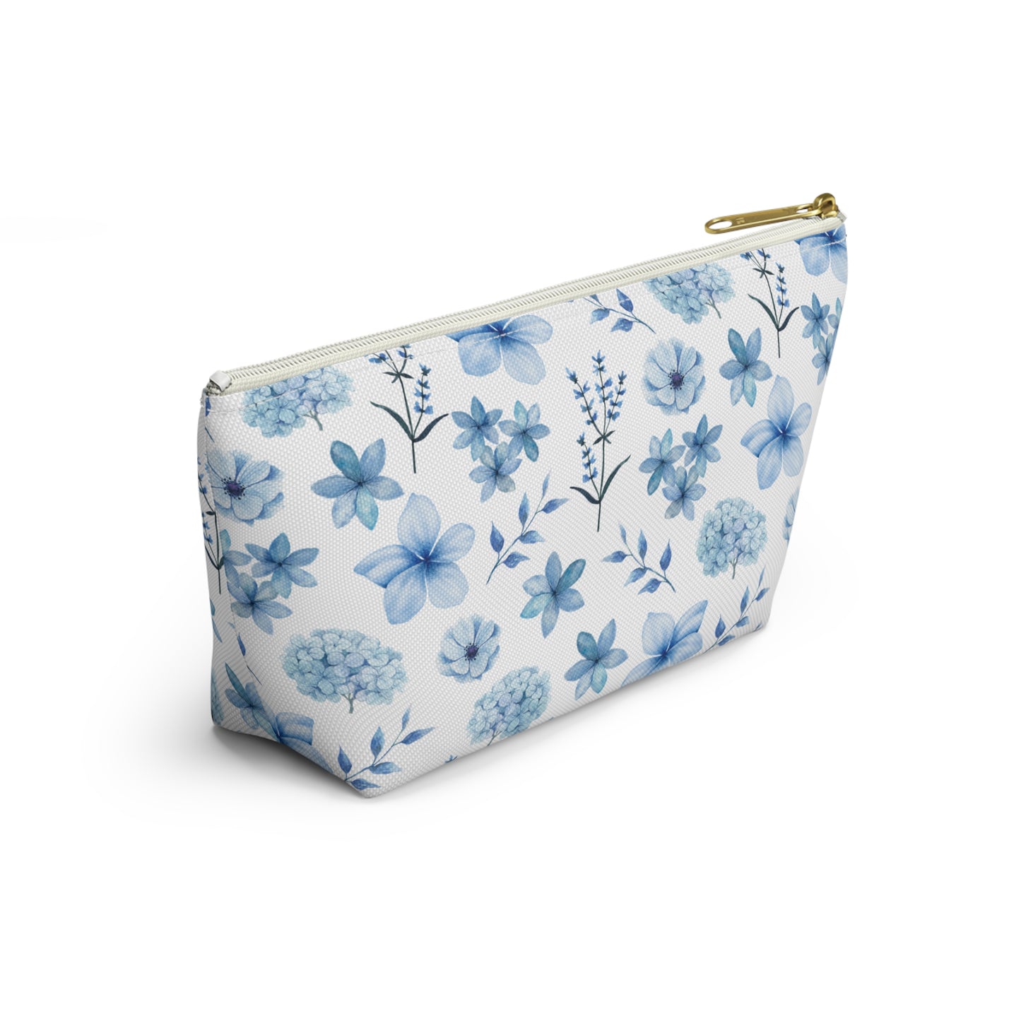 Snowy Blue Flowers Accessory Pouch with T-bottom Pretty Blue and White Flower Pouch for Makeup Small Bag for School Supplies Floral Winter Zipper Pouch