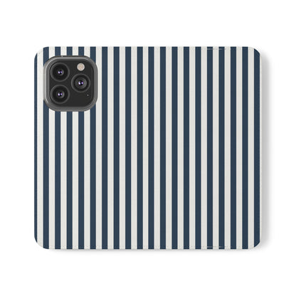 Navy Blue Stripes Flip Phone Case Cover with Pockets