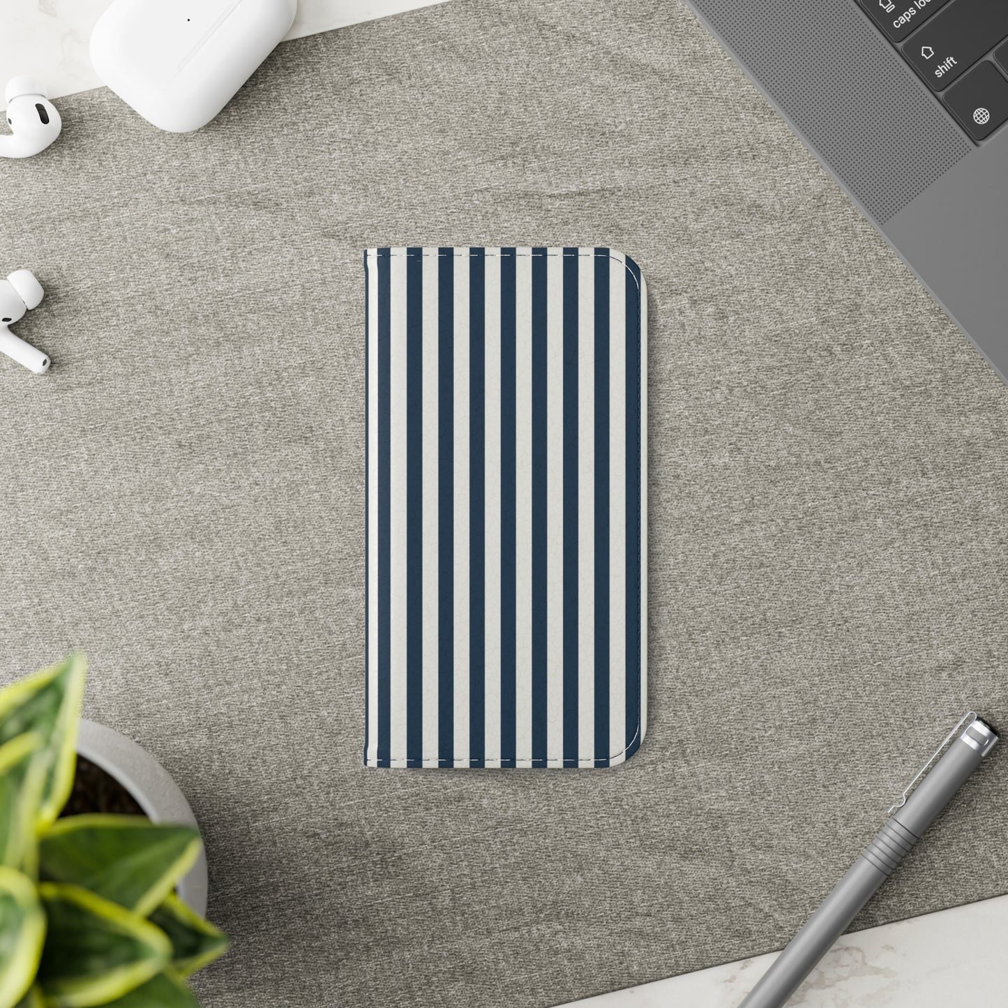 Navy Blue Stripes Flip Phone Case Cover with Pockets