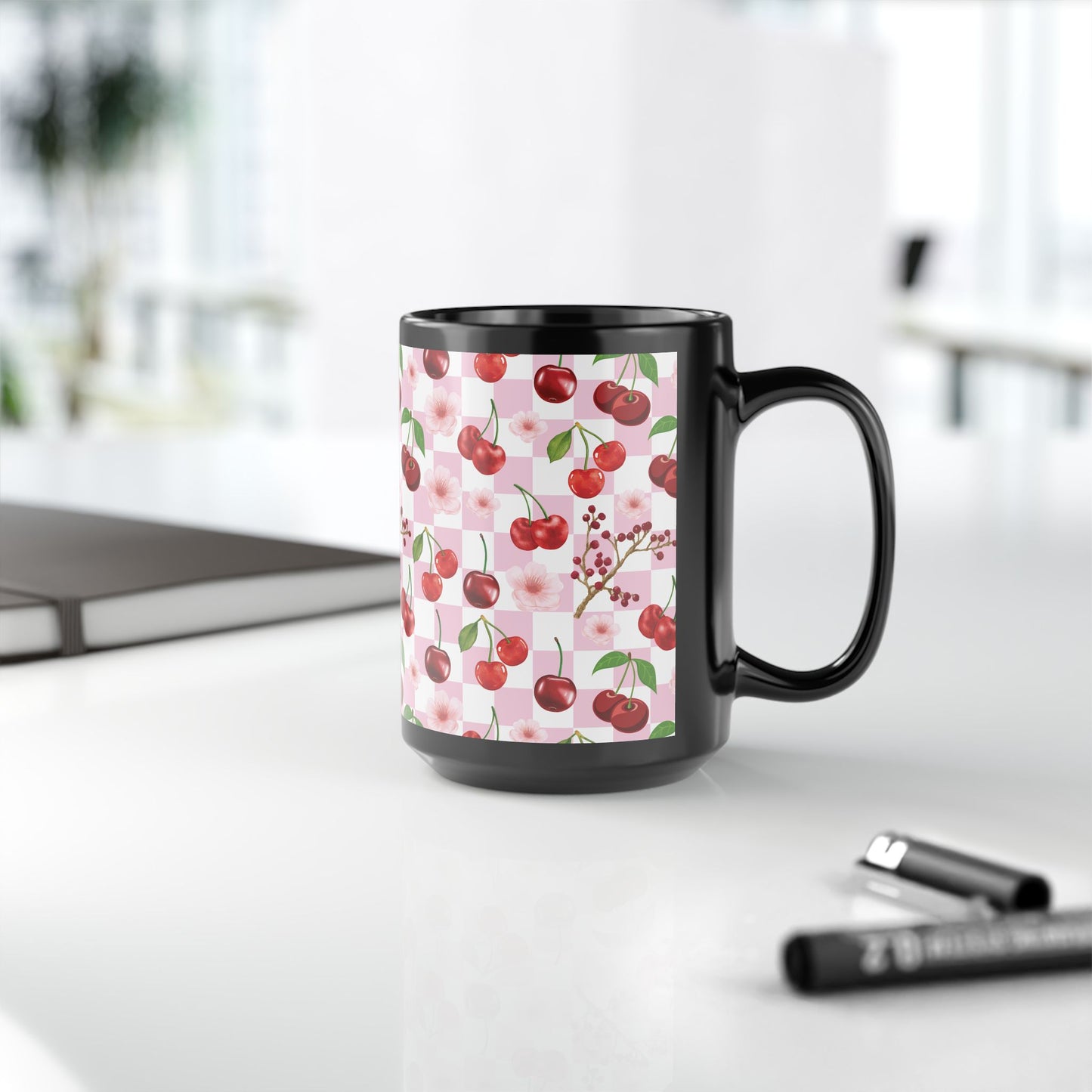 Cherry Checkerboard Black Mug Cool Summer Coffee Mug Tea Cup Spring Ceramic Mug