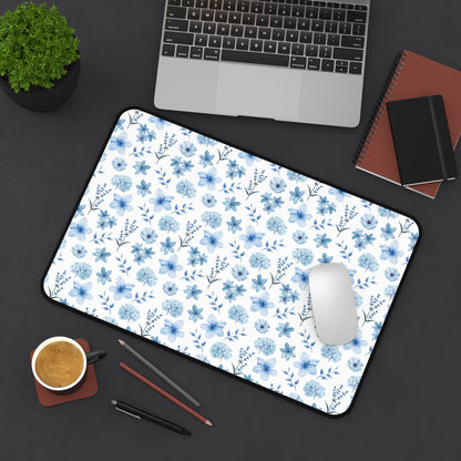 Snowy Blue Flowers Desk Mat Floral Winter Blue Computer Mat Watercolor Flowers Office Mat