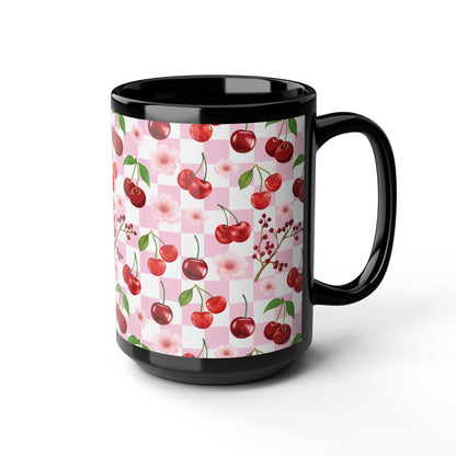 Cherry Checkerboard Black Mug Cool Summer Coffee Mug Tea Cup Spring Ceramic Mug