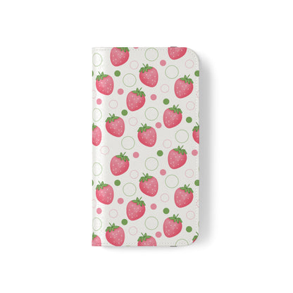 Pink Strawberry Bubbles Flip Phone Case Cover with Pockets