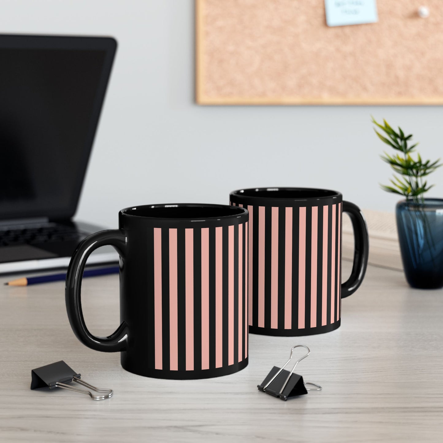 Coral Pink Stripes Black Mug Cool Summer Coffee Mug Tea Cup Spring Ceramic Mug