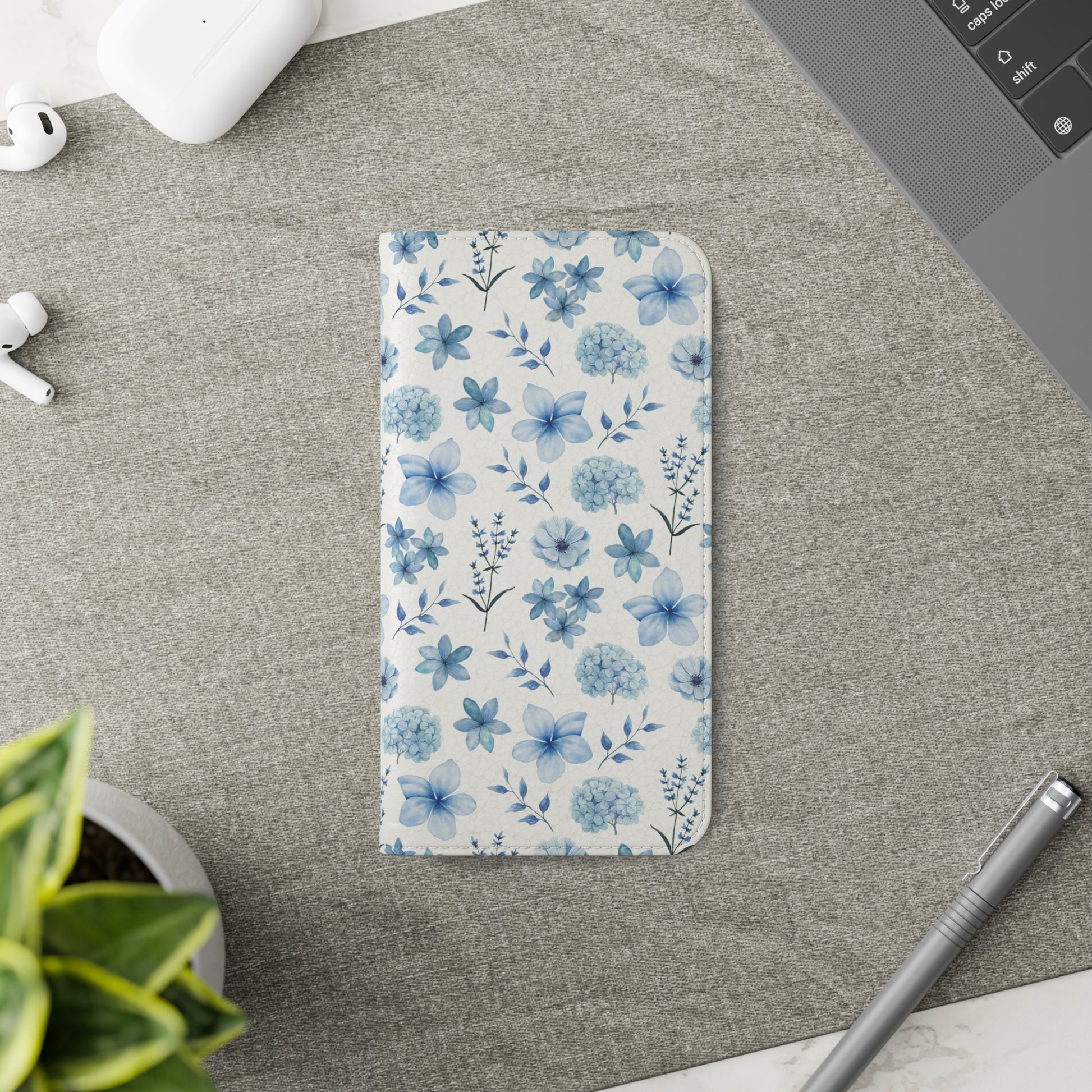 Snowy Blue Flowers Flip Phone Case Cover with Pockets - Phone Case - Kristine Celestine