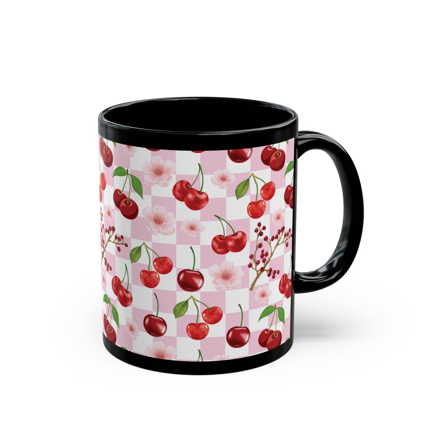 Cherry Checkerboard Black Mug Cool Summer Coffee Mug Tea Cup Spring Ceramic Mug