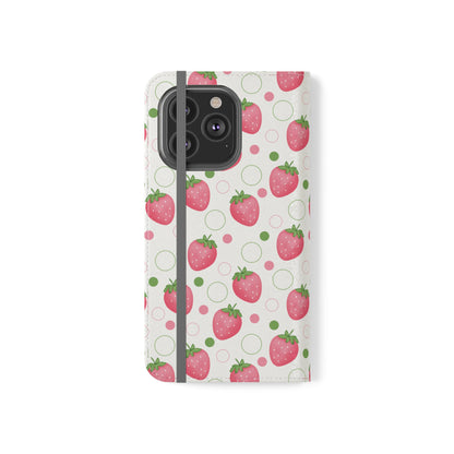 Pink Strawberry Bubbles Flip Phone Case Cover with Pockets - Phone Case - Kristine Celestine