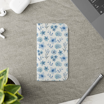 Snowy Blue Flowers Flip Phone Case Cover with Pockets - Phone Case - Kristine Celestine