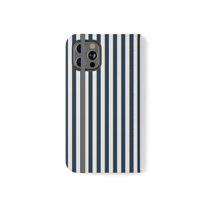 Navy Blue Stripes Flip Phone Case Cover with Pockets - Phone Case - Kristine Celestine