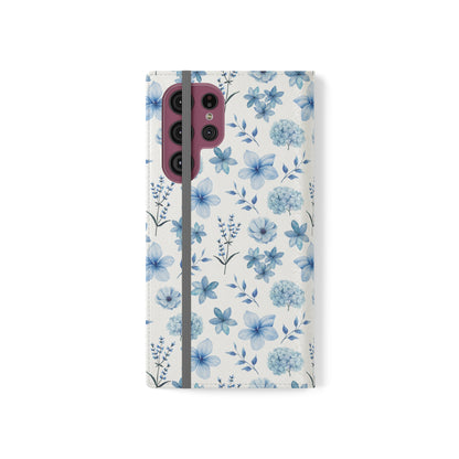 Snowy Blue Flowers Flip Phone Case Cover with Pockets - Phone Case - Kristine Celestine