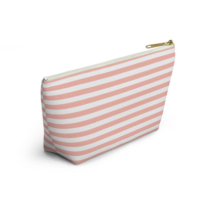 Pretty Coral Pink Stripes Accessory Pouch with T-bottom Classic Pink and White Pouch for Makeup Small Bag for School Supplies Striped Zipper Pouch