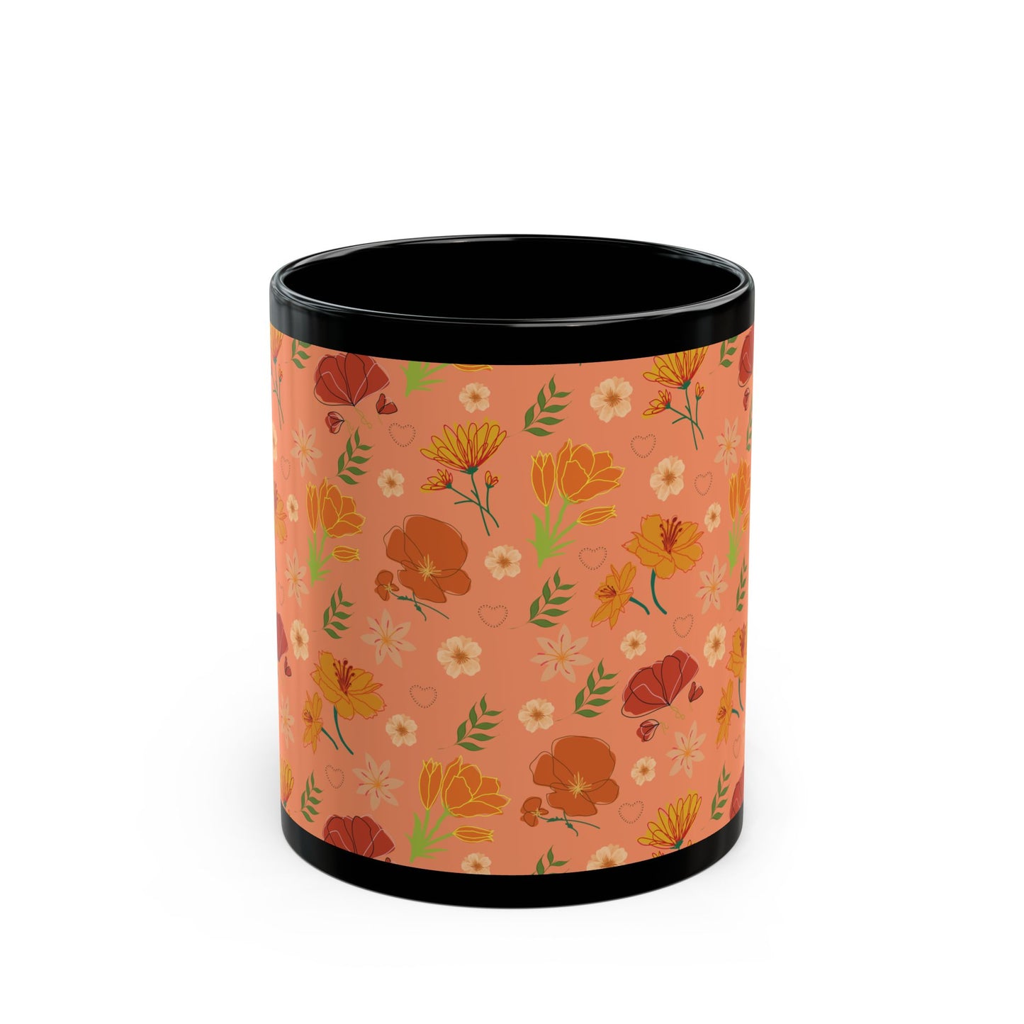 Coral Peach Meadow Black Mug Cool Summer Flower Coffee Mug Floral Tea Cup Spring Ceramic Mug